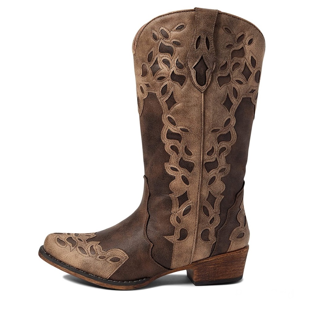 Roper Faux Leather Riley Triad Cowboy Boots Vintage Brown Multi Sizes NIB - Picture 5 of 14